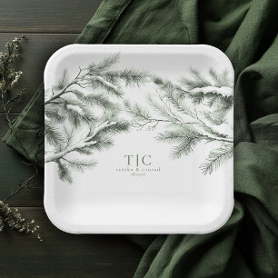 Plato De Papel Rustic Winter Wedding Boughs Forest Green ID1049