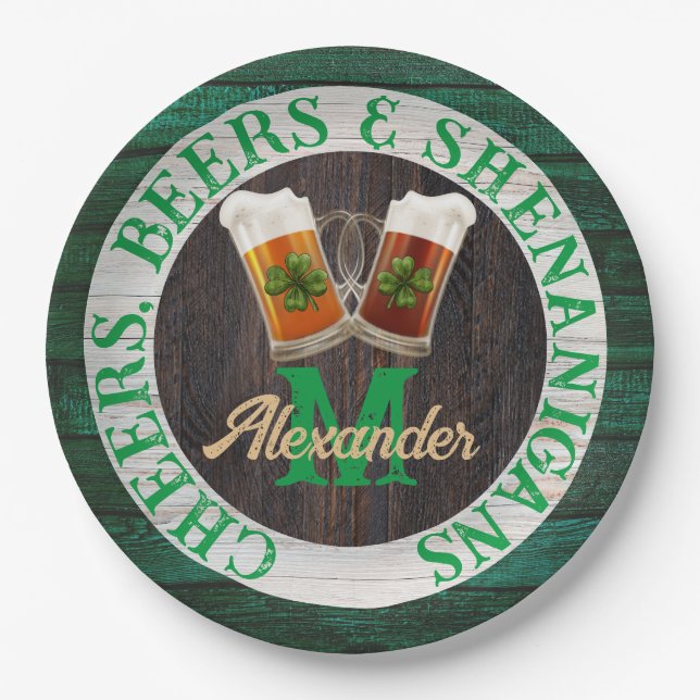 Plato De Papel Rustic Wood Cheers Beers Shenanigans (Anverso)