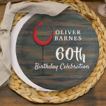 Plato De Papel Rustic Wood Red Wine 60th Birthday Party<br><div class="desc">Rústico Vino Rojo Vino 60 Placas de Papel de Cumpleaños. Platos de cumpleaños con un fondo rústico de madera oscura y vidrio abstracto con vino tinto. El texto está en un guión blanco de moda y es fácilmente personalizable.</div>