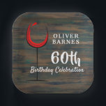 Plato De Papel Rustic Wood Red Wine 60th Birthday Party<br><div class="desc">Rústico Vino Rojo Vino 60 Placas de Papel de Cumpleaños. Platos de cumpleaños con un fondo rústico de madera oscura y vidrio abstracto con vino tinto. El texto está en un guión blanco de moda y es fácilmente personalizable.</div>
