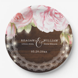 Plato De Papel Rustic Wood String ilumina a Rosas Personalizado B
