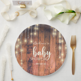 Plato De Papel Rustic Wood String Lights Baby Shower