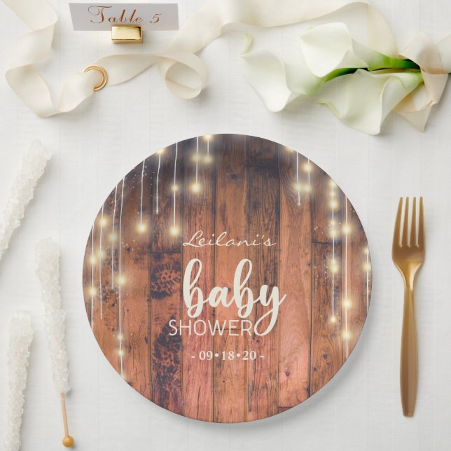 Plato De Papel Rustic Wood String Lights Baby Shower (Boda)