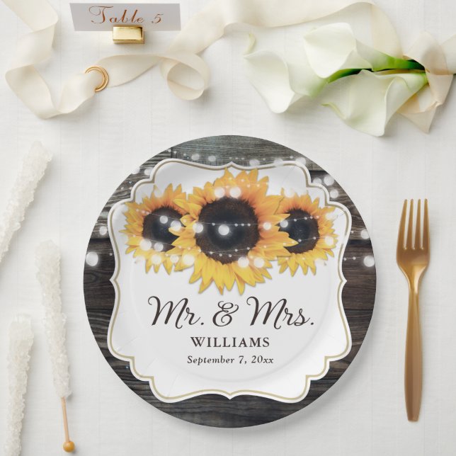 Plato De Papel Rustic Wood Sunflower Sr. y Sra. Boda (Boda)