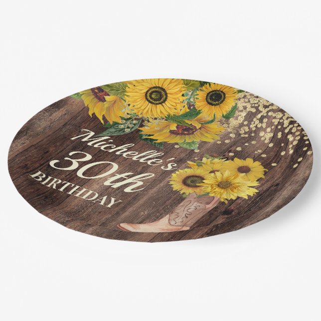 Plato De Papel Rustic Wood Sunflowers Cowboy Boots 30 cumpleaños (Angular)