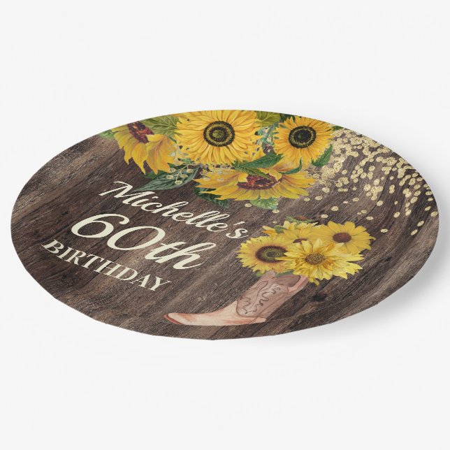 Plato De Papel Rustic Wood Sunflowers Cowboy Boots 60 cumpleaños (Angular)