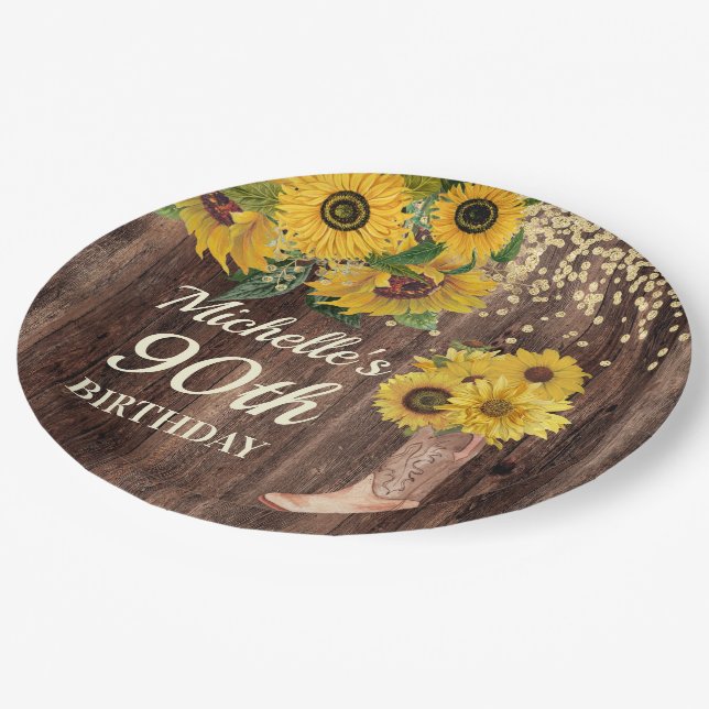 Plato De Papel Rustic Wood Sunflowers Cowboy Boots 90 cumpleaños (Angular)