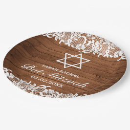 Plato De Papel Rustic Wood & White Lace Bar Bat Mitzvah