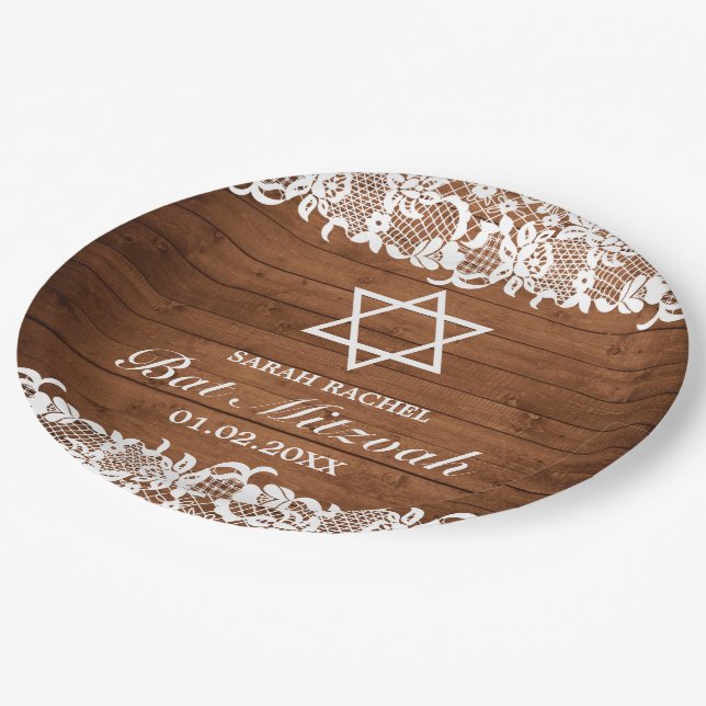 Plato De Papel Rustic Wood & White Lace Bar Bat Mitzvah (Angular)
