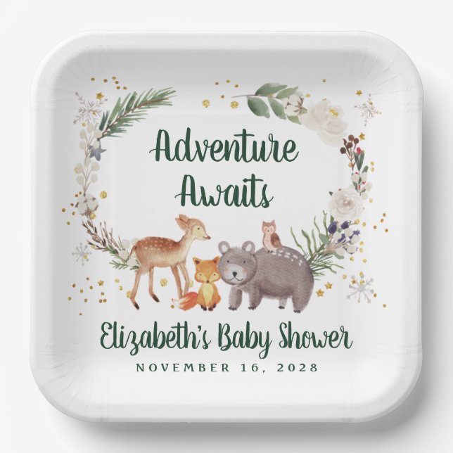 Plato De Papel Rustic Woodland Animals Winter Baby Shower (Anverso)