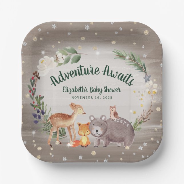 Plato De Papel Rustic Woodland Animals Winter Baby Shower (Anverso)