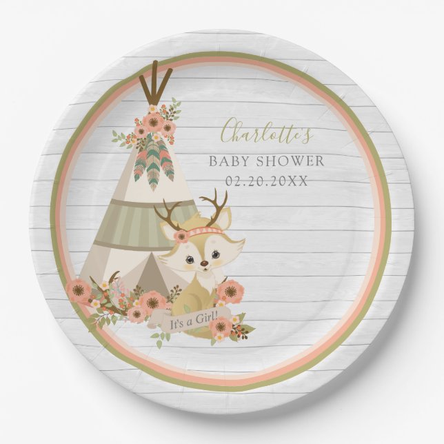 Plato De Papel Rustic Woodland Boho Fox Baby Shower (Anverso)