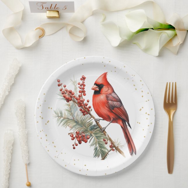 Plato De Papel Rústica acuarela Invernal Cardenal Holly Branch (Boda)