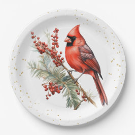 Plato De Papel Rústica acuarela Invernal Cardenal Holly Branch