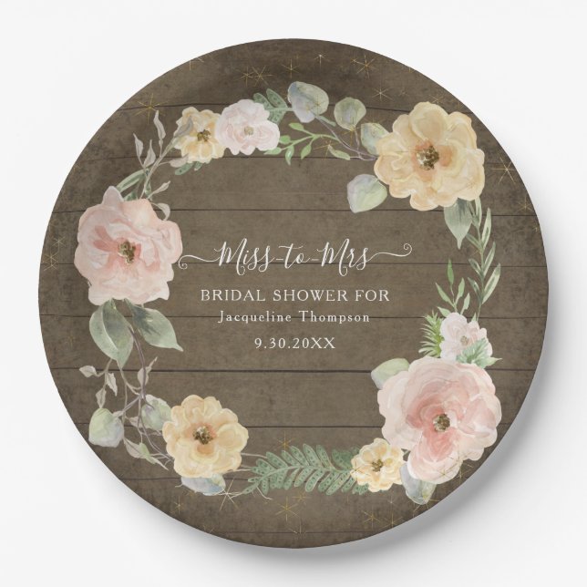 Plato De Papel Rústica caída Wreath Floral acuarela Ducha de novi (Anverso)