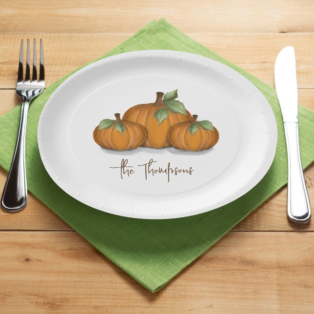 Plato De Papel Rústica de calabaza de Acción de Gracias Personali (Simple Fall Autumn harvest pumpkins custom paper plates. )