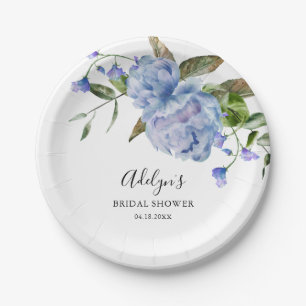 Plato De Papel Rústica Flor Azul Verde Ducha Bridal