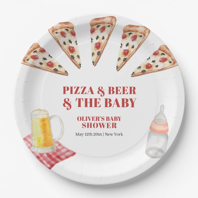 Plato De Papel Rústica moderna Slice Pizza Beers Baby Shower (Anverso)