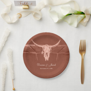 Plato De Papel Rústica Terracota Western Cow Skull