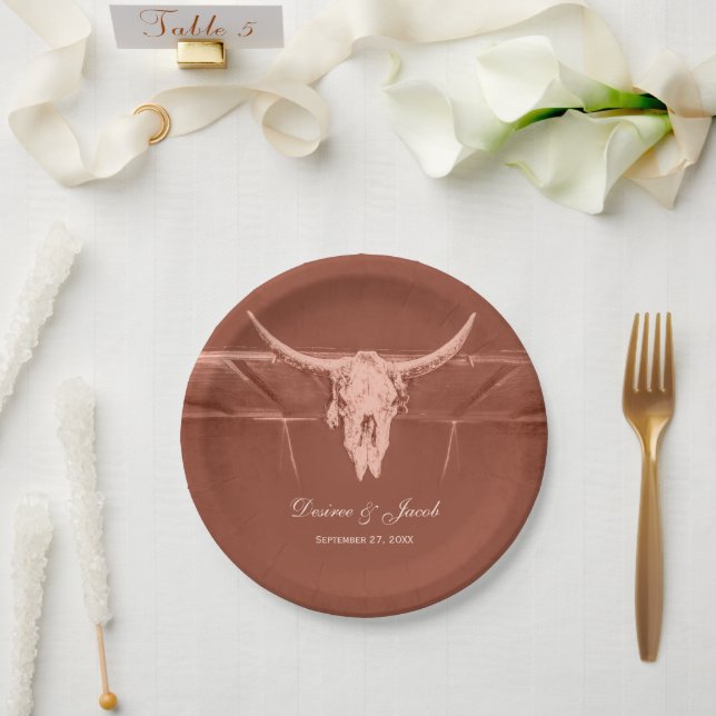 Plato De Papel Rústica Terracota Western Cow Skull (Boda)