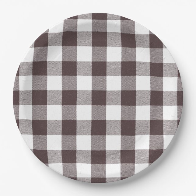 Plato De Papel Rústica turrón marrón blanco Gingham Buffalo (Anverso)