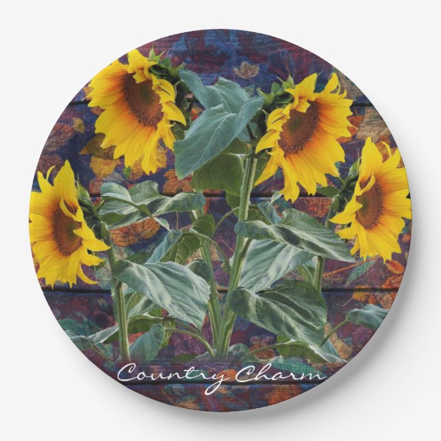Plato De Papel Rústicas hojas otoñales y girasoles (Anverso)
