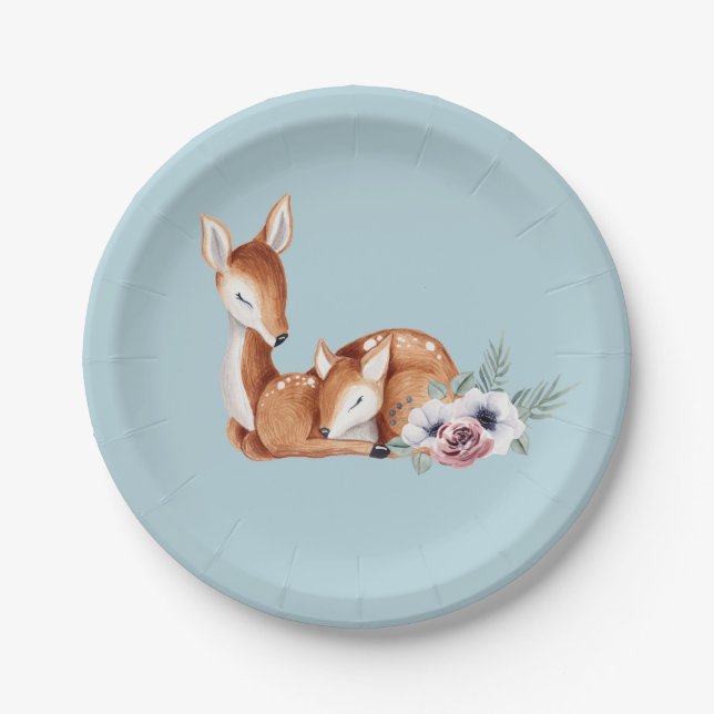 Plato De Papel Rústico Baby Shower de flores de selva de venado (Anverso)