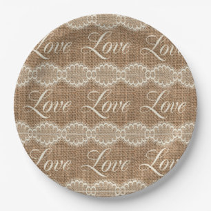 Plato De Papel Rústico Boda Burlap Lace Love