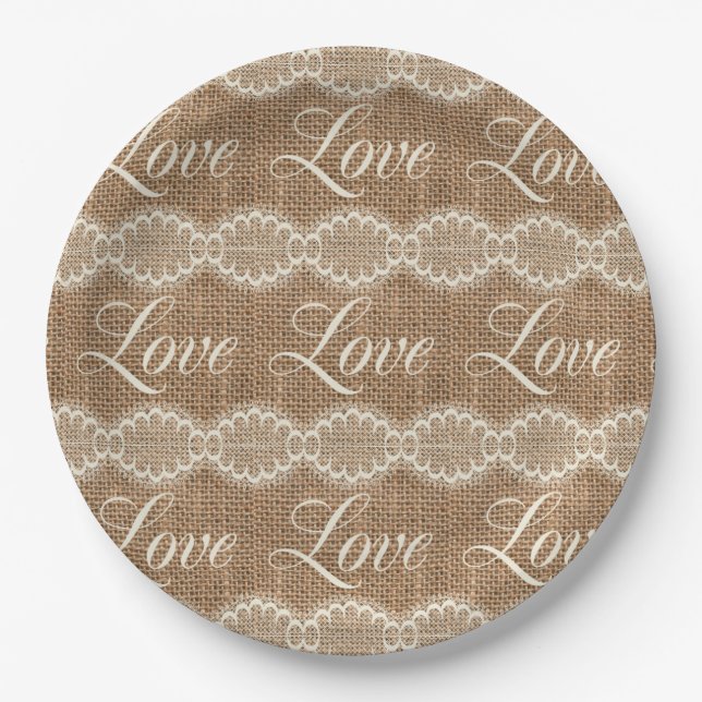 Plato De Papel Rústico Boda Burlap Lace Love (Anverso)