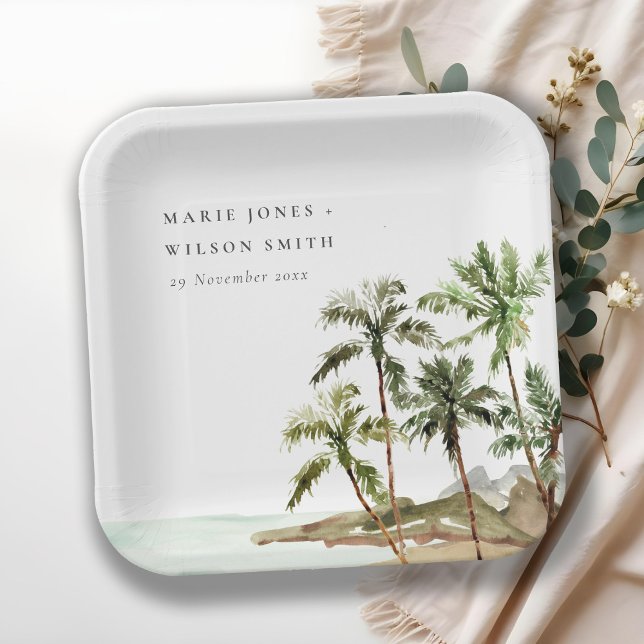 Plato De Papel Rústico Boda de arena de palmeras tropicales (Subido por el creador)