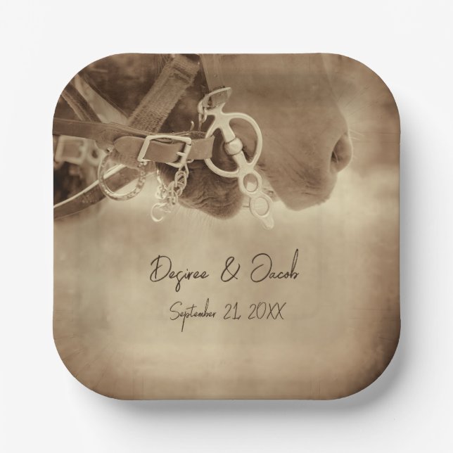 Plato De Papel Rústico Boda de Caballo Marrón Occidental (Anverso)