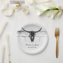 Plato De Papel Rústico Boda de cráneo de vaca negro occidental