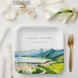 Plato De Papel Rústico Boda paisajístico rural del lago rural