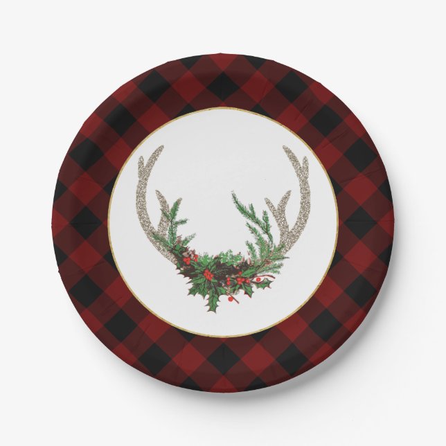 Plato De Papel Rústico Boho Deer Antlers | Navidades Plaid Floral (Anverso)