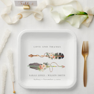 Plato De Papel Rústico Boho Feather Floral Arrow Boda Gracias