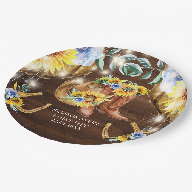 Plato De Papel Rústico Boots Floral String Lights Personalizado (Angular)