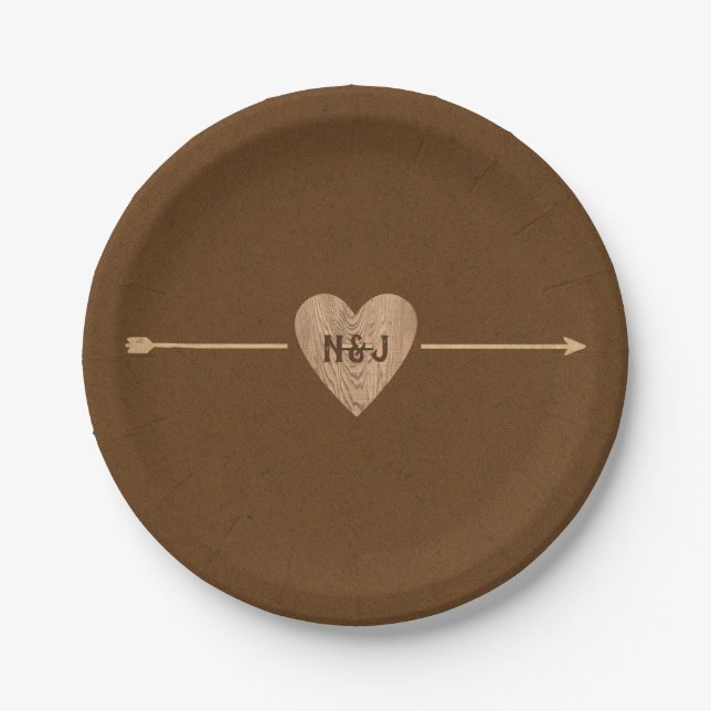 Plato De Papel Rústico Brown Kraft Heart Arrow Bridal Shower (Anverso)