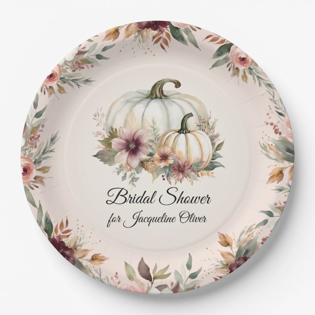 Plato De Papel Rústico Burgundy Fall Floral Pumpkin Bridal Shower (Anverso)