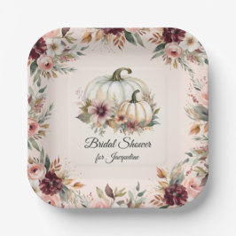 Plato De Papel Rústico Burgundy Fall Floral Pumpkin Bridal Shower