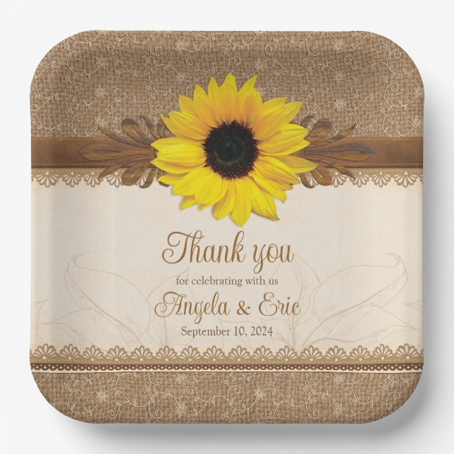 Plato De Papel Rústico Burlap Lace Wood Sunflower Boda (Anverso)