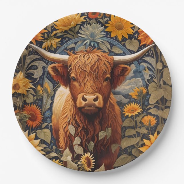 Plato De Papel Rústico campo Highland Cow Sunflowers (Anverso)