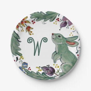 Plato De Papel Rústico Conejo Conejo Verde azulado Granjero Mono