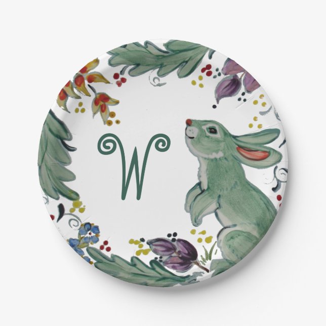 Plato De Papel Rústico Conejo Conejo Verde azulado Granjero Monog (Anverso)