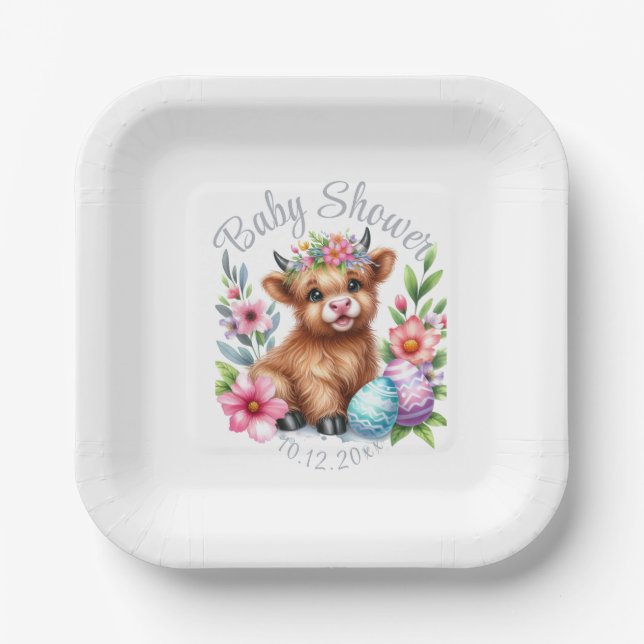 Plato De Papel Rústico Cute Baby Highland Cow (Anverso)