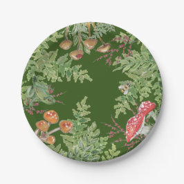 Plato De Papel Rústico de setas de rana verde oscuro de bosque