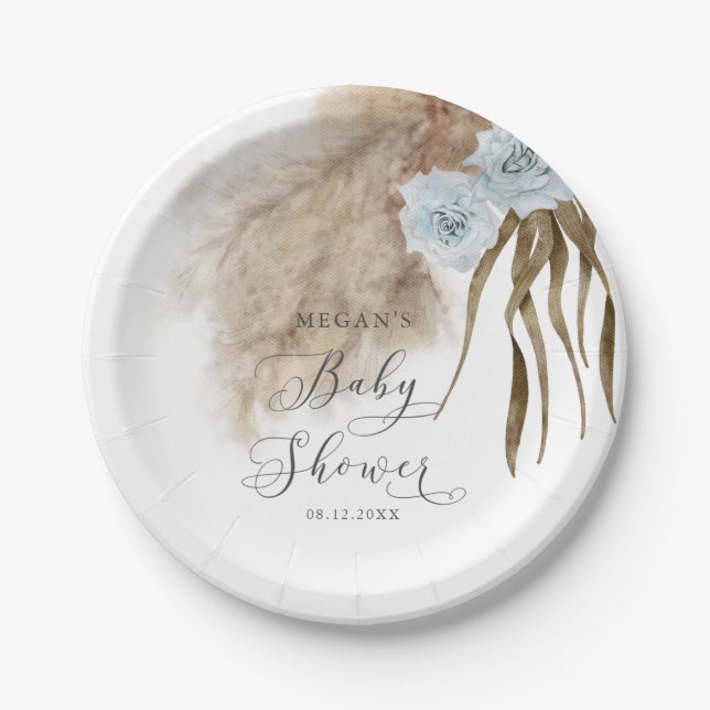 Plato De Papel Rústico Dusty Blue Pampas Grass Baby Shower (Anverso)