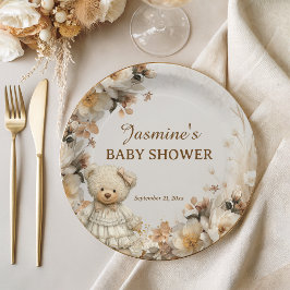 Plato De Papel Rústico Floral Teddy Bear Baby Shower