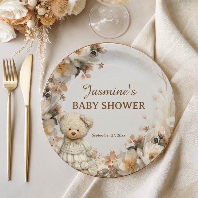 Plato De Papel Rústico Floral Teddy Bear Baby Shower (Subido por el creador)