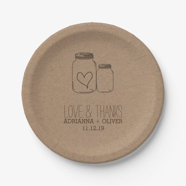 Plato De Papel Rústico Kraft Paper Mason Jars Heart Boda (Anverso)