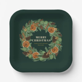 Plato De Papel Rústico Naranja seco Holiday Pine Wreath Green